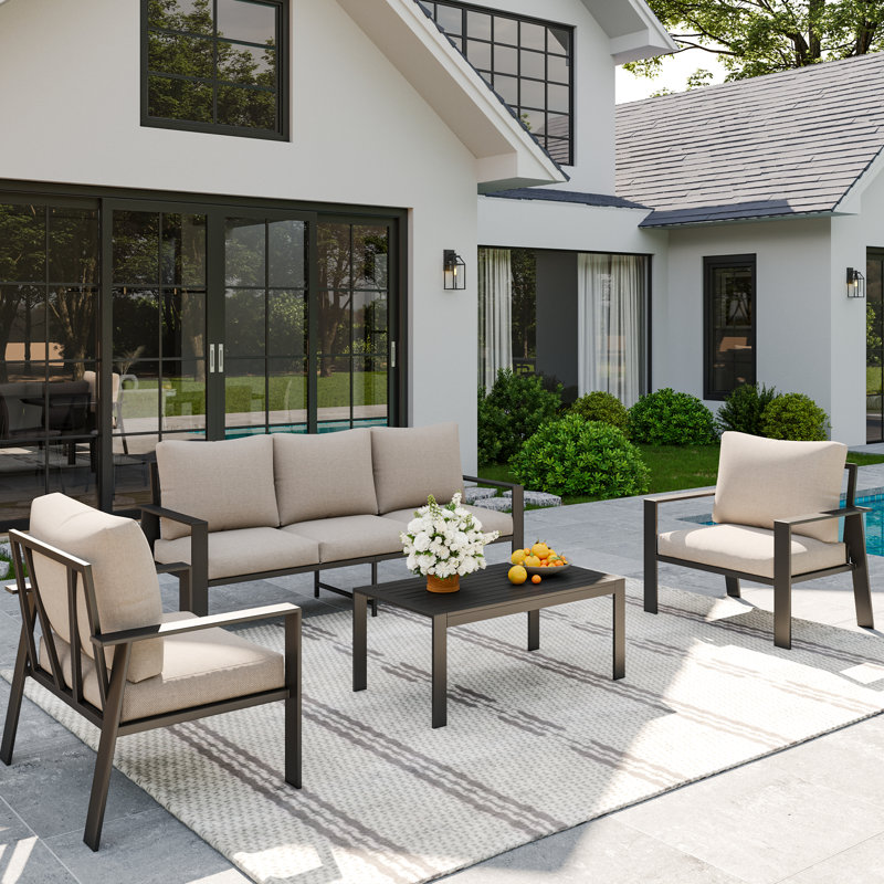 Aluminum Outdoor Conversation Set 5-Person Patio Set with Coffee Table, Beige, No