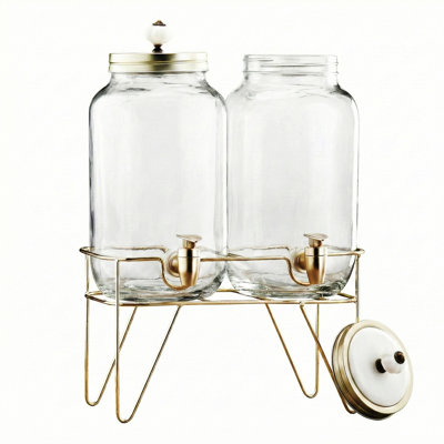 Julian Set Of 2 Glass Beverage Dispensers With Gold Wire Stand & Lids, 3.1L / 0.87 Gal Each