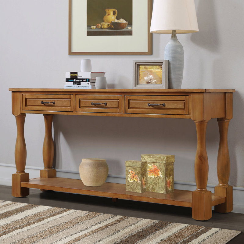 Console en bois de 63 po de long avec 3 tiroirs et 1 tablette inférieure pour le couloir d'entrée, Brun