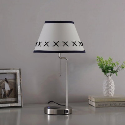 Brushed Silver Table Lamp with Wireless Charging Pad & USB Port – White Linen Shade with Black Leather Needlework