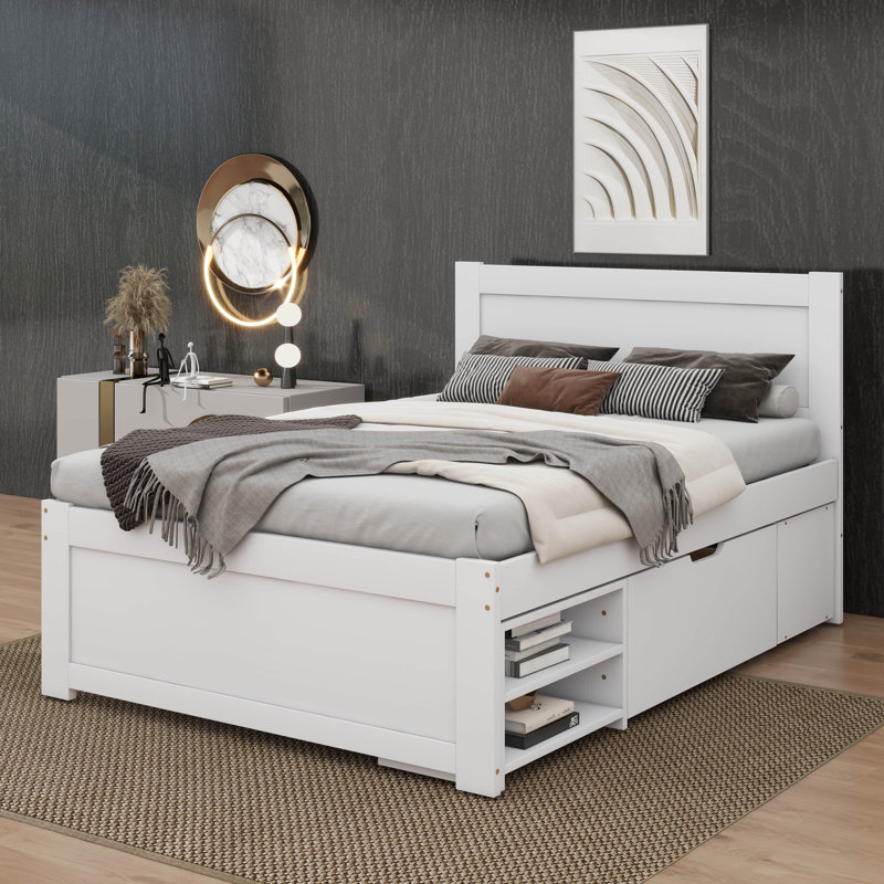 Un lit plateforme avec un tiroir et deux tablettes, Blanc, Double