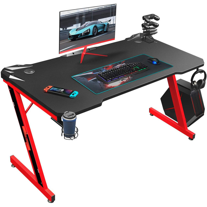 Sinead 44'' Z-Shaped Carbon Fiber Surface PC Gaming Desk with Cup Holder and Headphone Hook, Red