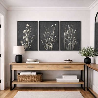 Minimal Botanical "Black Gray Plant Floral Botanical Artwork, Modern Abstract Neutral Wall Pictures, Framed Canvas Giclée Print 3 Pieces Wall Art" 16"x24"x3 pcs, 24"x36"x3 pcs
