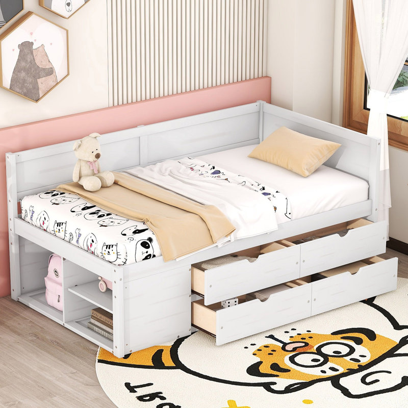 Lit de jour avec tiroirs et tablettes, Lit simple, Blanc