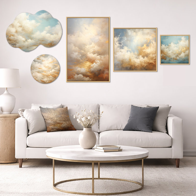 Ensemble de 5 pièces d'art mural, en métal et en toile beige, or et minimalisme II (100 po x 40 po), Métal + cadre naturel