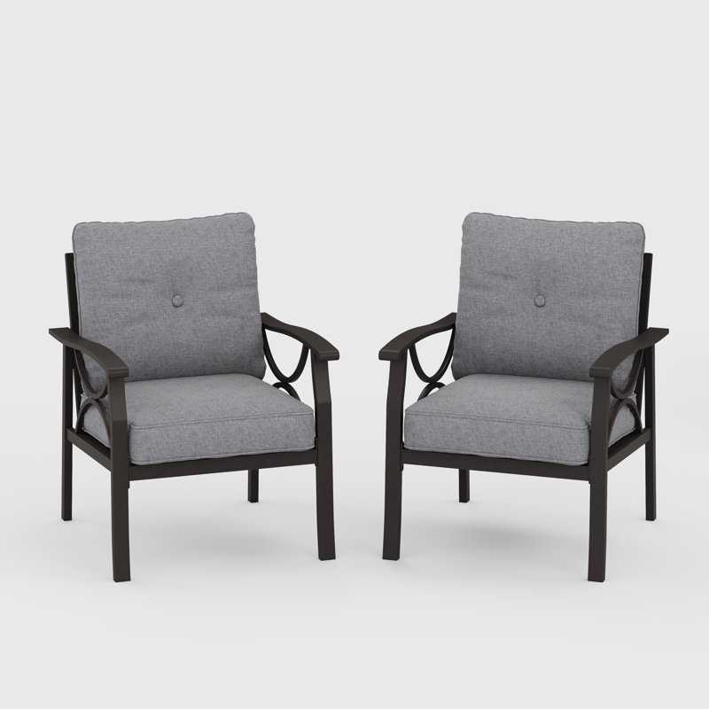 Chaise de patio en métal 2 pièces avec coussins, Coffee Frame/Gray Cushion