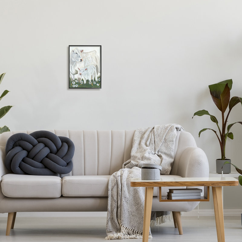 «White Bovins Family Mother Baby Calf Daisy Meadow» par Ashley Justice - peinture sur toile à cadre flottant