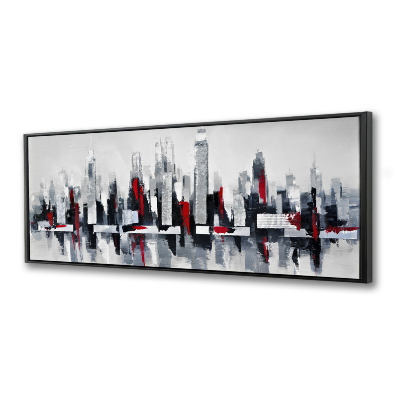Grey and Red Cityscape - Framed Canvas Art for Home Decor, 17.25" H x 49.25" W
