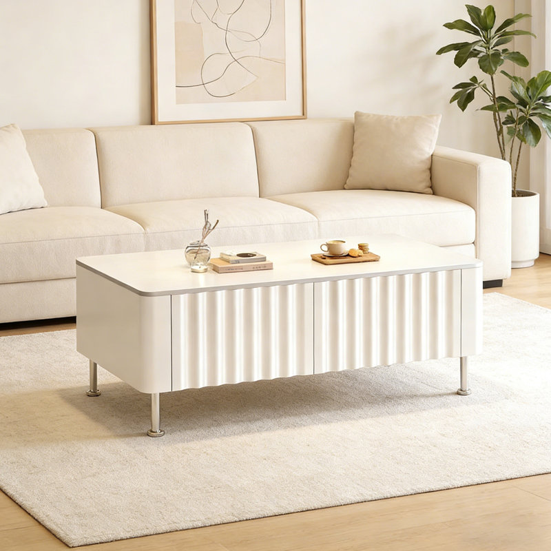 Table basse ondulée Wave, Blanc, Blanc, H 17,32 po x L 47,24 po x l 23,62 po