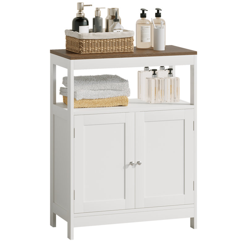 Modern Storage Cabinet With Double Doors, Freestanding Wood Cabinet With Open Shelf And Natural Wood Top, Multi-Purpose Organizer For Kitchen, Living Room, Bathroom Or Entryway – White
