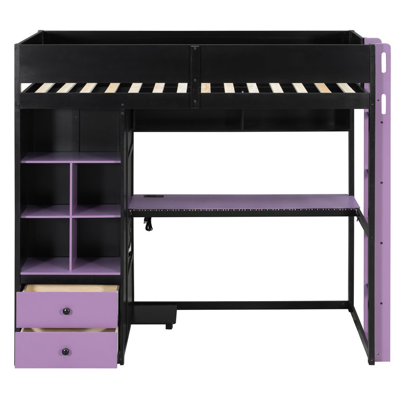 Lit mezzanine simple en bois massif avec bureau, armoire de rangement et penderie, bande lumineuse DEL, ports de chargement USB, noir et violet