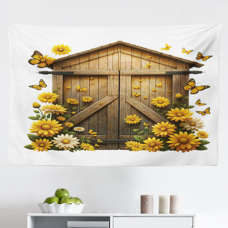 Ebern Designs Rustic Wall Hanging Tapestry Barn Cottage Summer Flowers Earth Yellow and Cocoa, H 30 po x l 45 po
