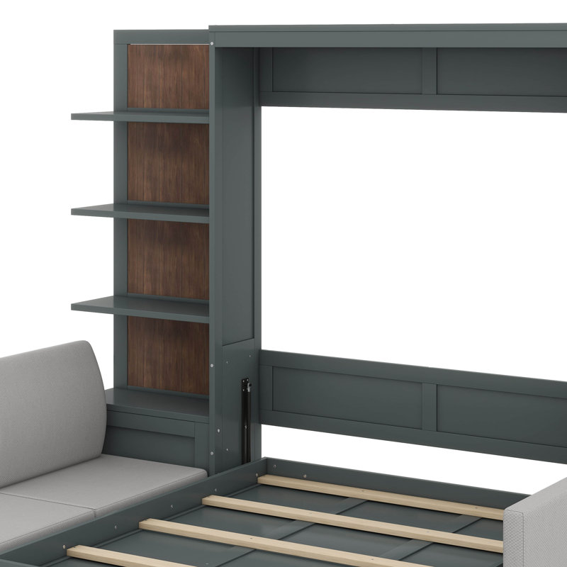 Grand lit escamotable, grand lit mural en bois avec canapé et tablettes, Grey