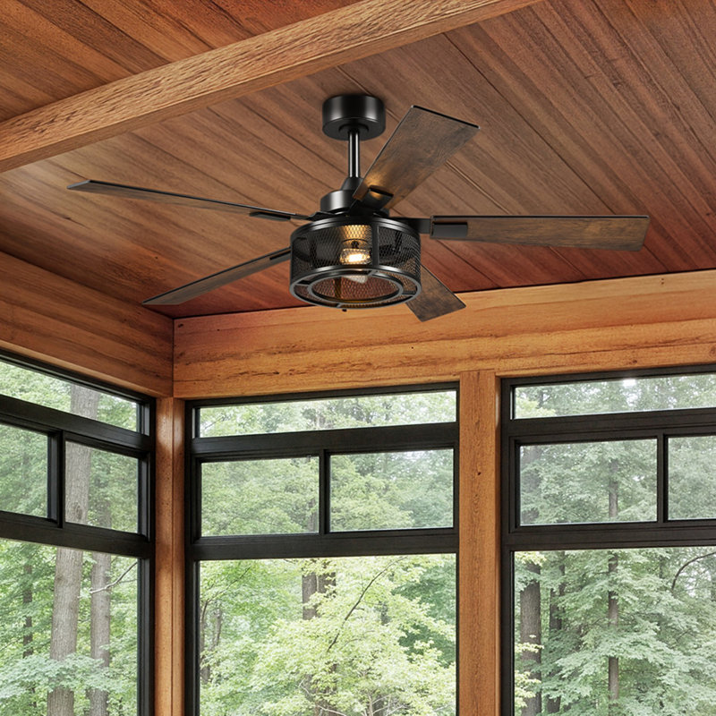 52" Industrial Farmhouse Ceiling Fan with Lights and Remote, Matte Black/Dark Brown