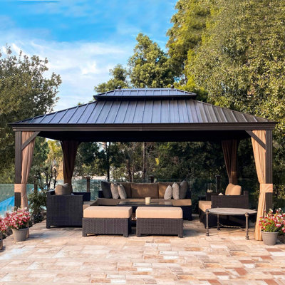 PURPLE LEAF 12' X 16' Hardtop Gazebo Canopy for Patio Deck Backyard Heavy Duty Outside Sunshade with Netting and Curtains Outdoor Permanent Metal Pavilion