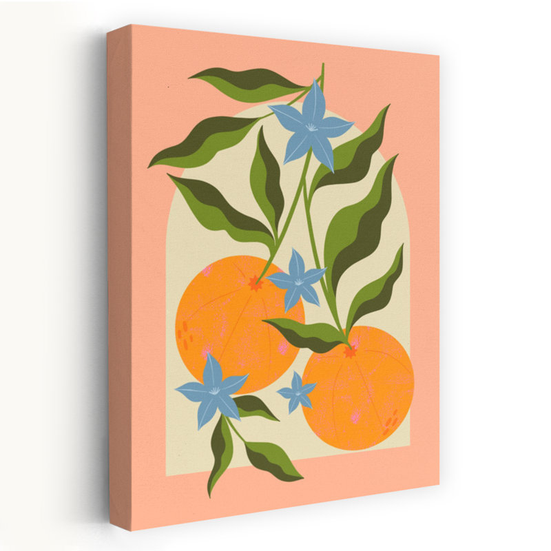 Art contemporain avec branche orange et fleurs, H 36 po x l 24 po