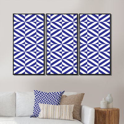 «Blue and White Striped Geometrics», ensemble de 3 reproductions d'art encadrées sur toile