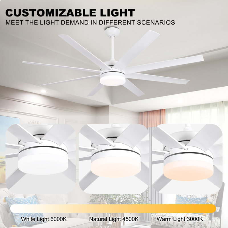 Ventilateur de plafond réversible 65 pales 65 pouces avec lumières DEL et télécommande, 6 vitesses, minuterie, 3 couleurs, moteur à courant continu