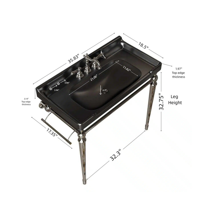Console de lavabo murale VICI de 36 po avec support en acier inoxydable, lavabo rectangulaire en céramique noire, pieds chromés avec porte-serviettes, 3 trous pré-percés pour robinetterie