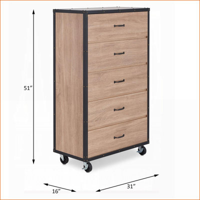 Chest, Weathered Light Oak 5-Drawer with Metal Glides & Casters | Oak | Particle Board+MDF