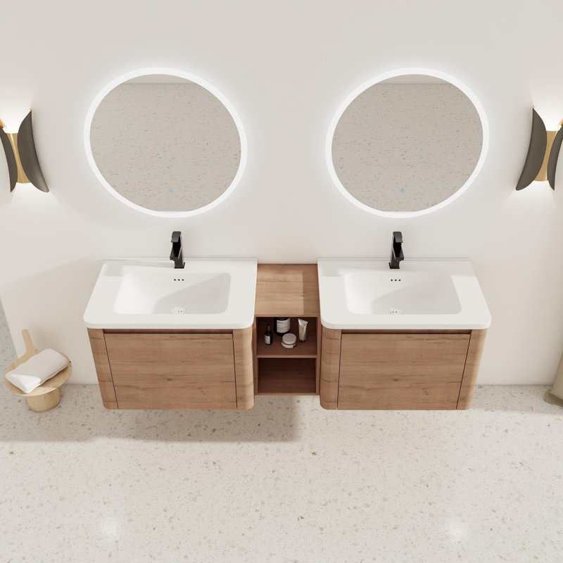 Wall-Mounted Bathroom Vanity with White Ceramic Sink and Storage Shelves & Soft-Close Door, 68"