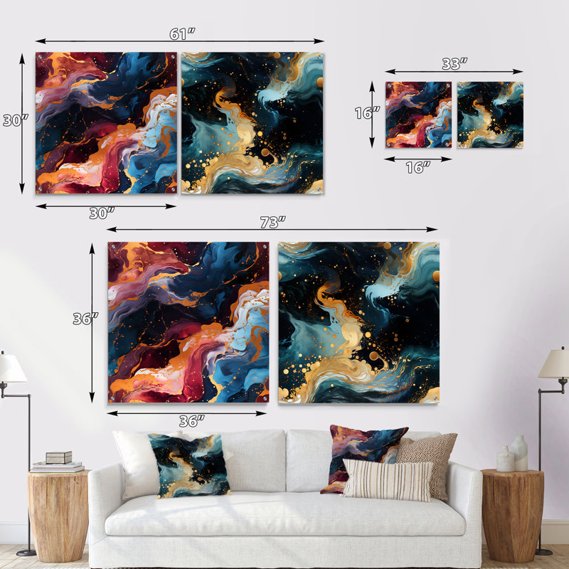 Or galactique Dreams Marble Dreams - ensemble de 2 peintures murales abstraites en acrylique, H 30 po x l 61 po