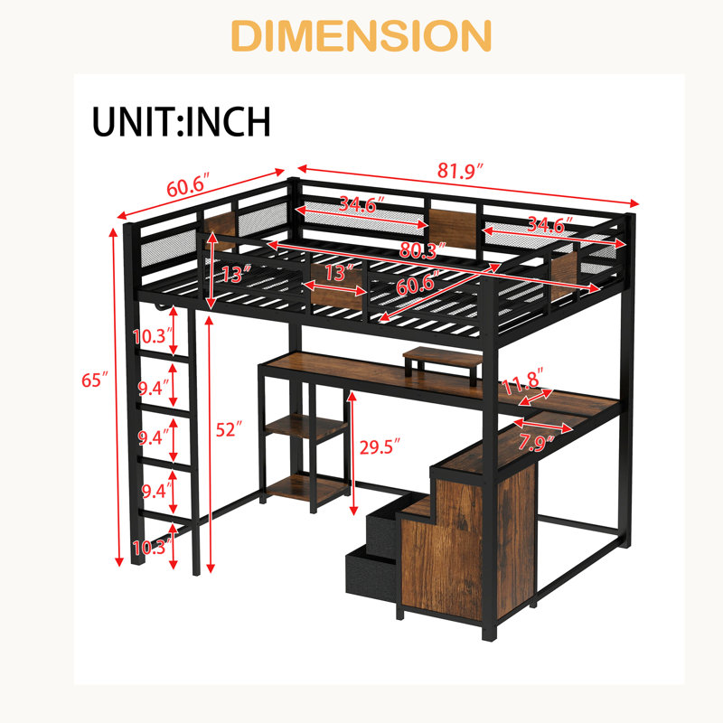 Grand lit mezzanine avec bureau et tiroirs de rangement en tissu non tissé, cadre de lit mezzanine en métal avec échelles, sans nosie et sans sommier