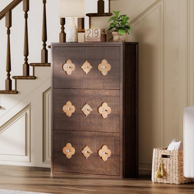 Shoe Cabinet with Flip Drawers, Slim Freestanding Shoe Rack Cabinet, Flower Pattern & Diamond-Shaped Handles