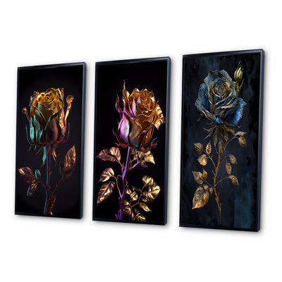 «Glam Golden Rose On Black», 3 pièces sur toile