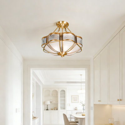American Style Semi Flush Mount Ceiling Light, Brass Glass 4 Light Dimmable Fixture For Living Room Bedroom