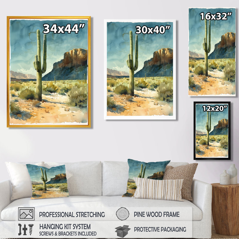 Cactus vert et gris, désert, rêve II - impression de cactus floral, H 20 po x l 12 po x P 1 po, Toile avec cadre flottant or