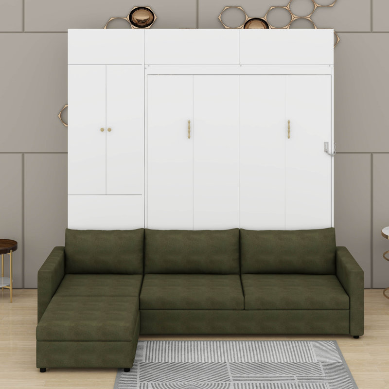 Grand lit escamotable avec canapé et tablettes, Blanc / vert