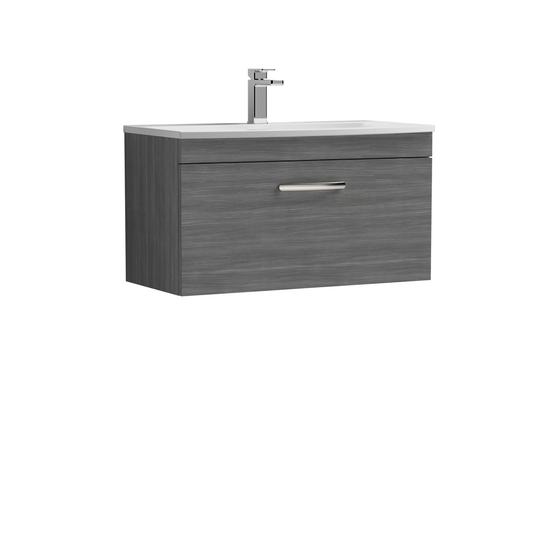 Nuie Grey Woodgrain Wall Hung Single Drawer Vanity & Curved Basin - 800mm - Image 2