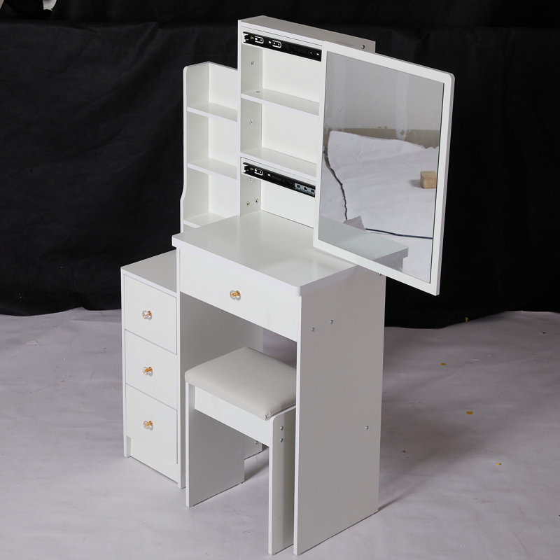 Maestri Small Space Left Bedside Cabinet Vanity Table + Cushioned Stool, Extra Large Right sliding mirror, White 1