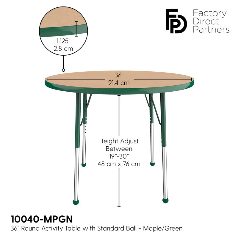 Table ronde à hauteur réglable, 36", Érable / vert, Standard Ball Glide