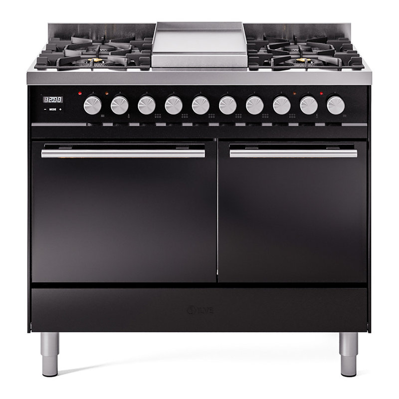 Cuisinière ILVE Professional Plus II Series 40 pouces à double combustible avec 6 brûleurs scellés et plaque de cuisson (noir brillant)