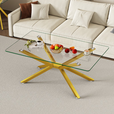 39.37" Rectangular Coffee Table With Tempered Glass Top And Metal Legs For Living Room | Gift Idea
