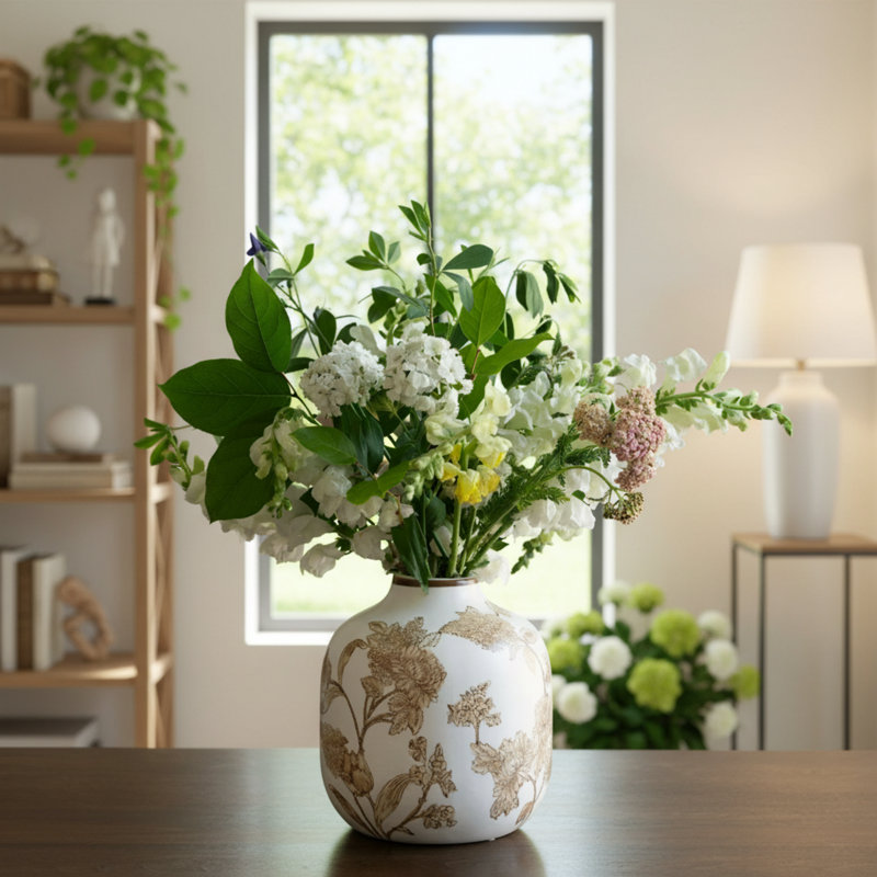 Motif floral brun peint! Vase de table en céramique blanche, alliant beauté et fonctionnalité.