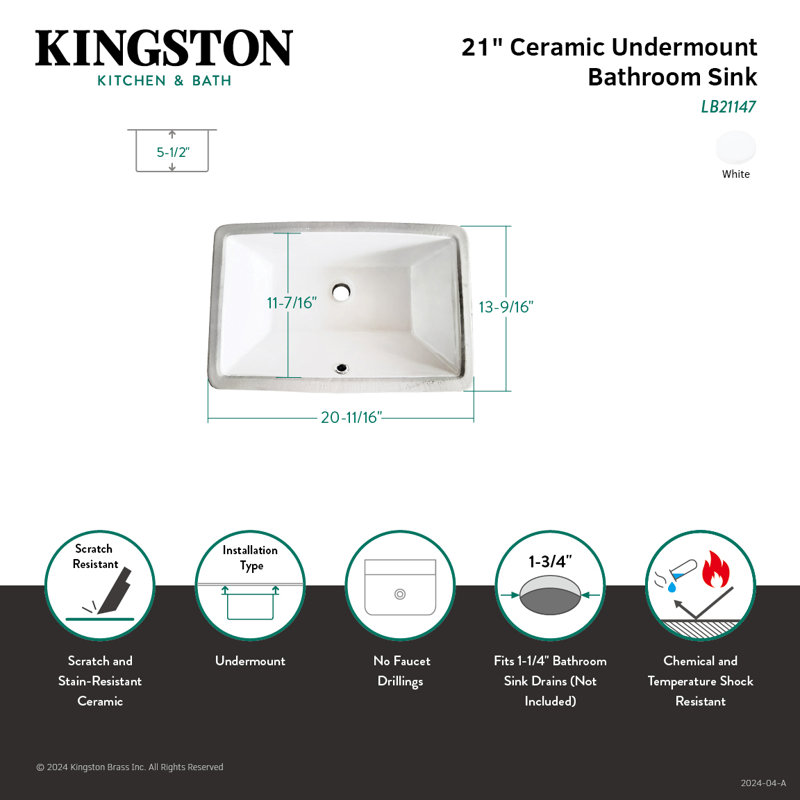 Kingston Brass Chancellery 21-Inch Ceramic Undermount Bathroom Sink