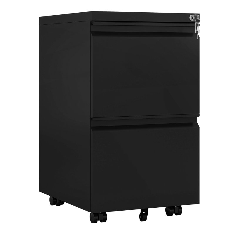 Canesha 39cm W 2-Drawer Office storage unit,Steel Filing Cabinet with 4 Casters, Black