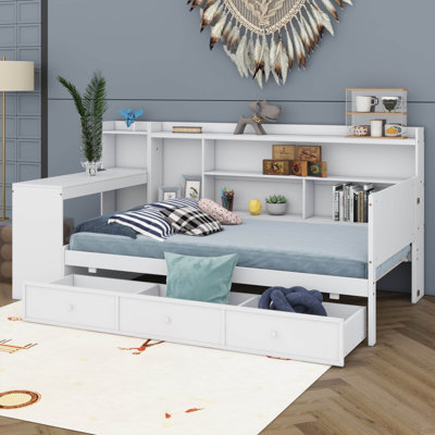 Structure de lit de jour d'angle simple avec ports USB, bureau et 3 tiroirs et tablettes de rangement, lit de jour capitaine en bois pour petite pièce