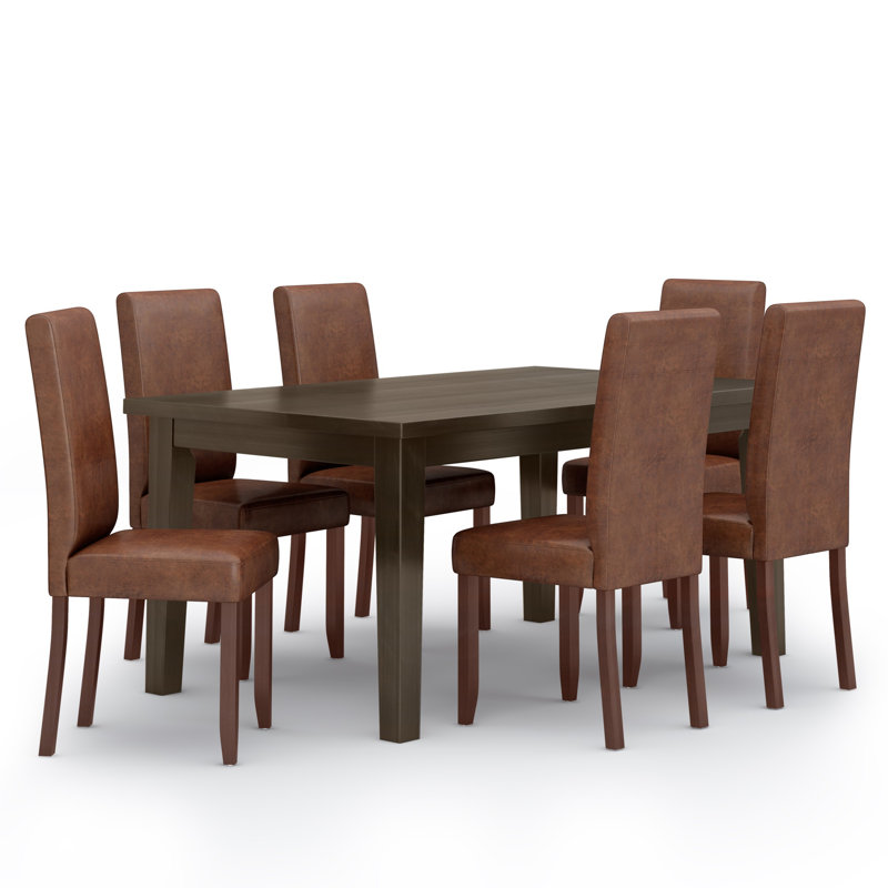 Acadian 7-Piece Dining Set with Solid Hardwood Table and 6 High-Back Upholstered Chairs, Brown Faux Leather