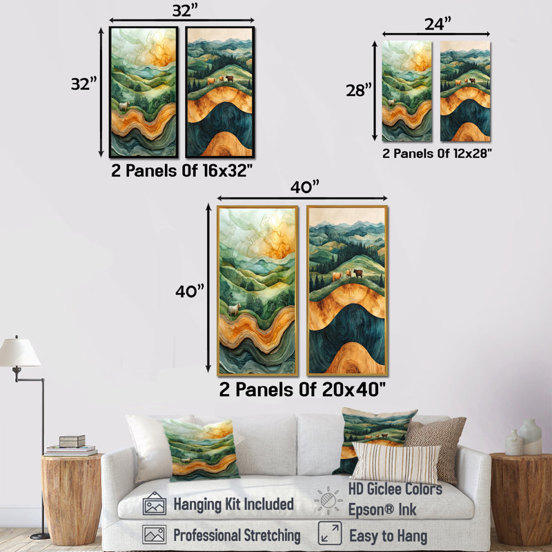 Cows Into A Summer Field Landscape I - Collection d'animaux sur toile 2 panneaux, H 32 po x l 33 po, Cadre flottant brun