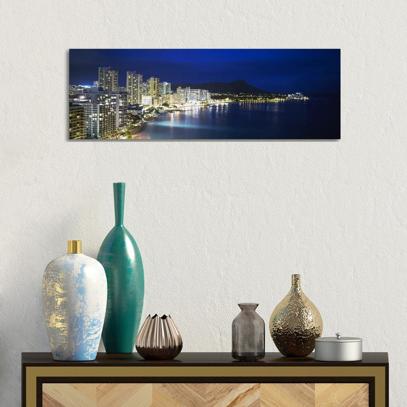 Buildings On The Waterfront, Waikiki, Honolulu, Oahu, Hawaii, USA - Wrapped Canvas Panoramic Print