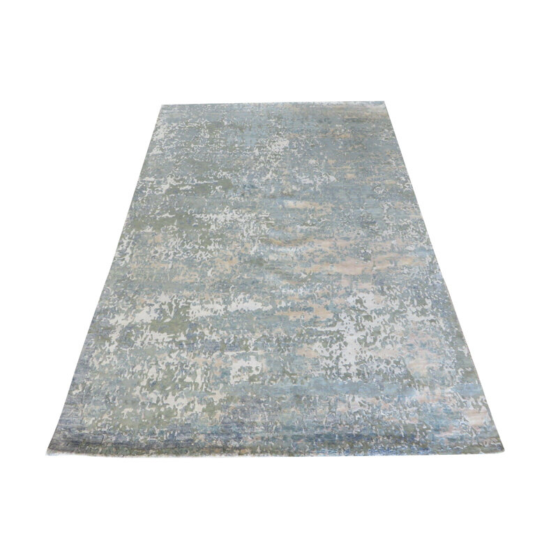 Tapis de la surface en soie 5 pi 11 po x 9 po main one-of-kind noué la blue