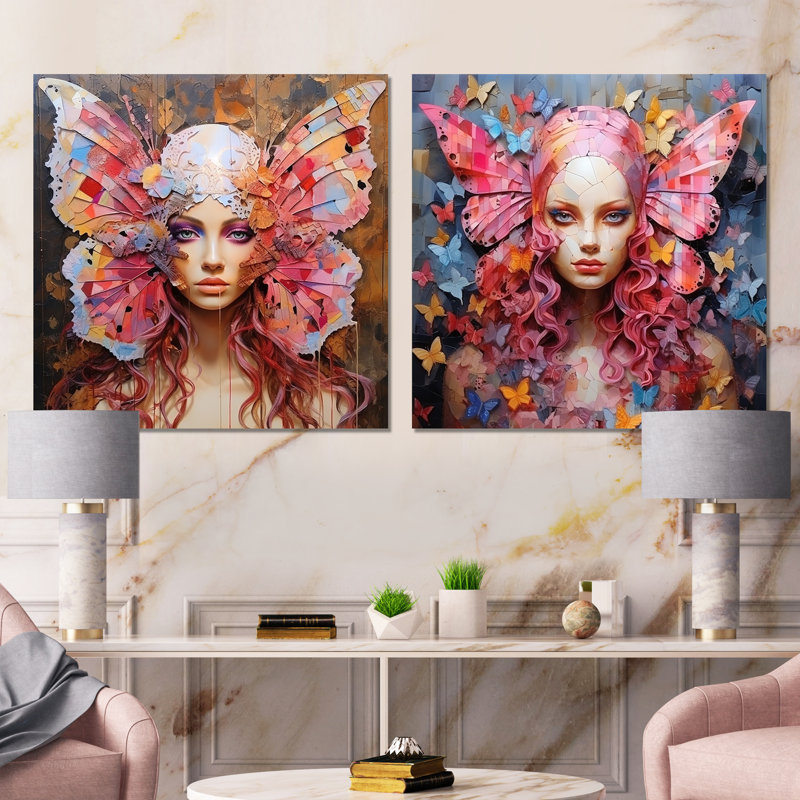 «Pink Butterfly Glamour Woman Portrait I», ensemble de 2 décorations murales carrées en métal, H 16 po x l 32 po