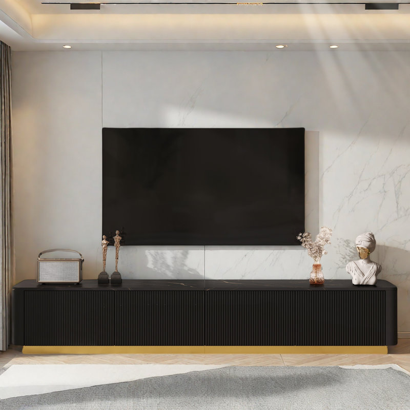 Tv Stand With 4 Drawers, Faux Marble Tabletop And Curved Profile Design, Black