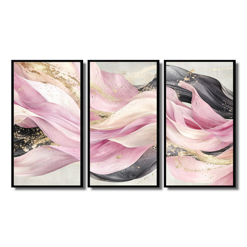 Ensemble de salon art mural abstrait rose et blanc captivant II, Toile avec cadre flottant noir, H 32 po x l 48 po x P 1 po