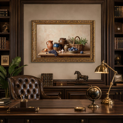 Tableau sur toile représentant une poterie rustique et des figues violettes sur une table en bois