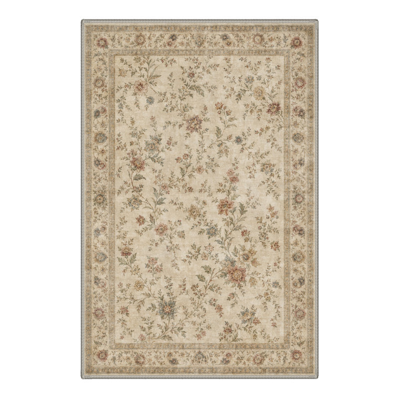 Paillasson lavable à poils courts antidérapant, motif floral beige/vert, Rectangle 2' x 3'